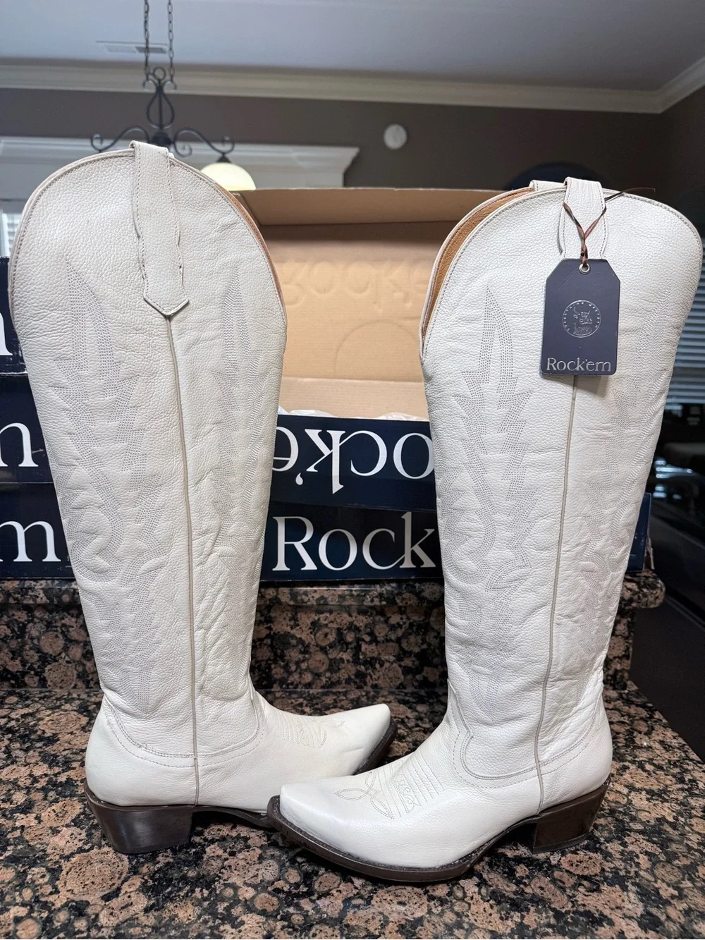Rockem Off White Leather Western Knee-High Boots for Women-Will fit wide calf!!